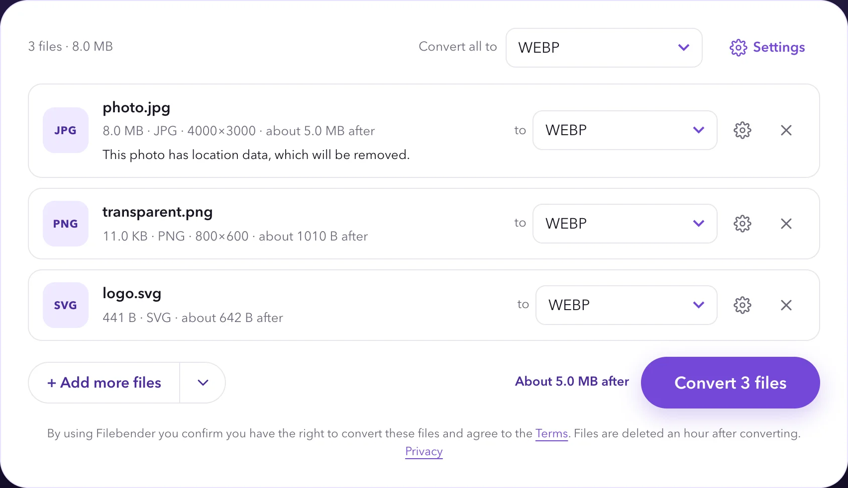 The Filebender converter with three files added, each with its size, a format picker set to WEBP, a settings button and a remove button, and the Convert 3 files button below.