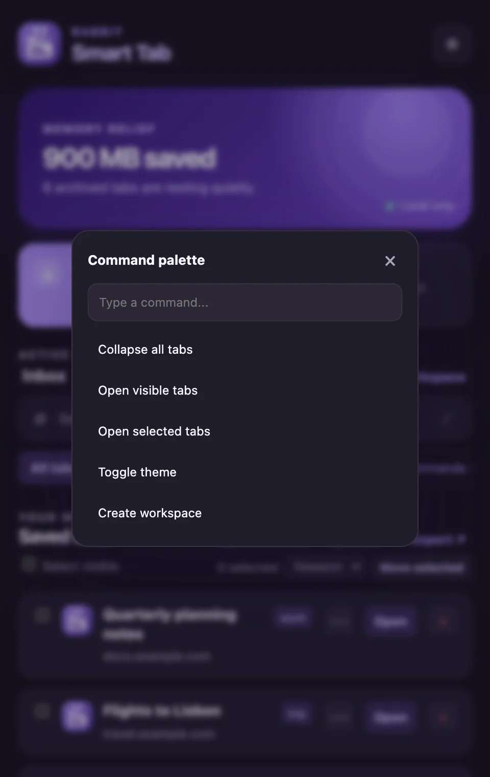 The Smart Tab command palette open over the panel, listing five commands.
